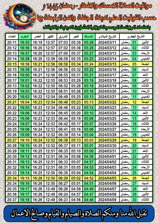 مواقيت الامساك في ولاية الجلفة وضواحيها رمضان 2024