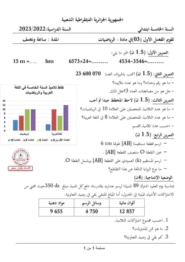 اختبارات الفصل الاول في مادة الرياضيات السنة الخامسة ابتدائي مع الحلول 2023 2024 اختبارات السنة الخامسة ابتدائي الفصل الأول
