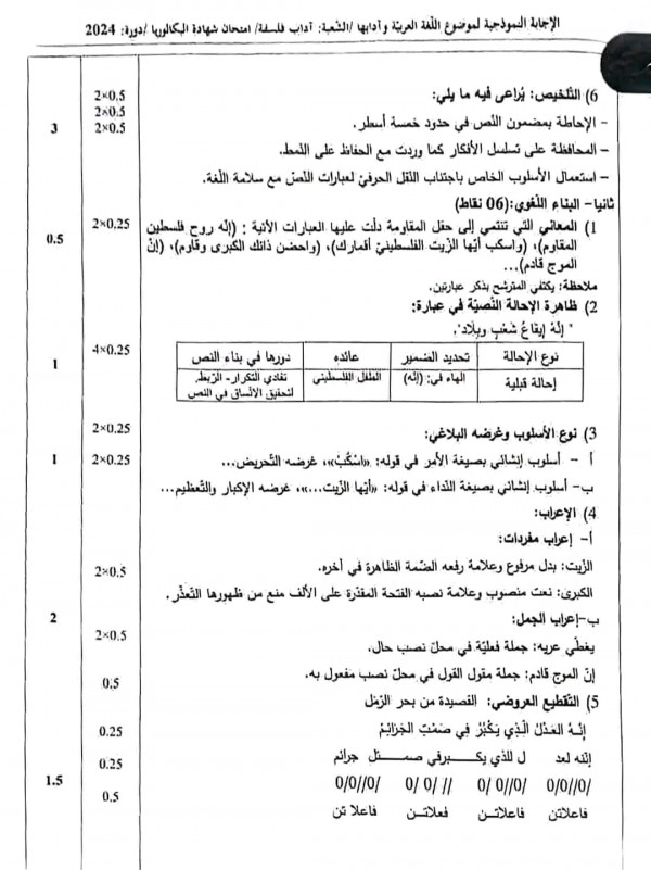 التصحيح الوزاري لمادة اللغة العربية شعبة آداب وفلسفة بكالوريا 2024
